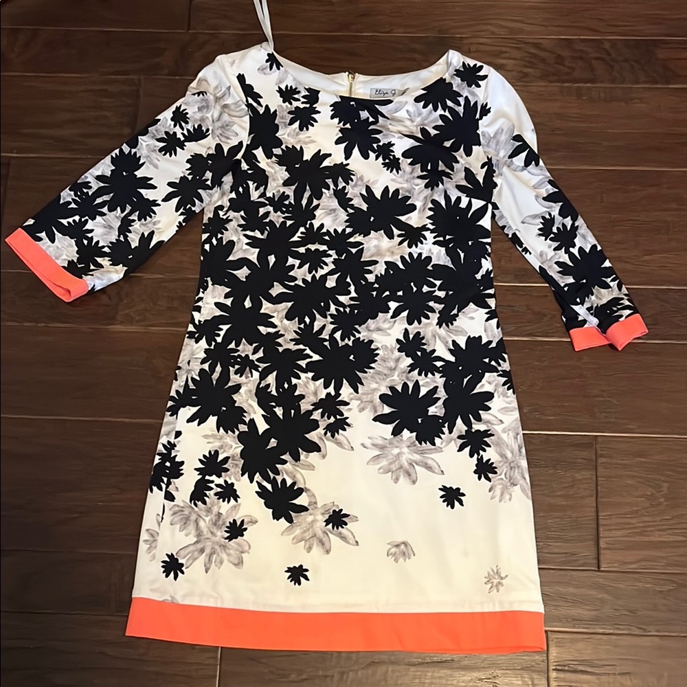 Floral Black and White Kids Dress with Orange Accents